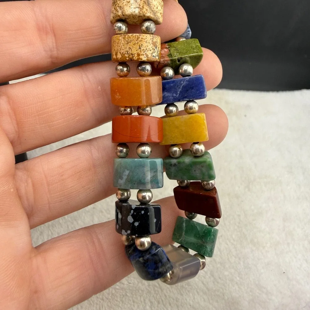 Vintage Bracelet Multicolor Natural Stone Boho Stretch 7in